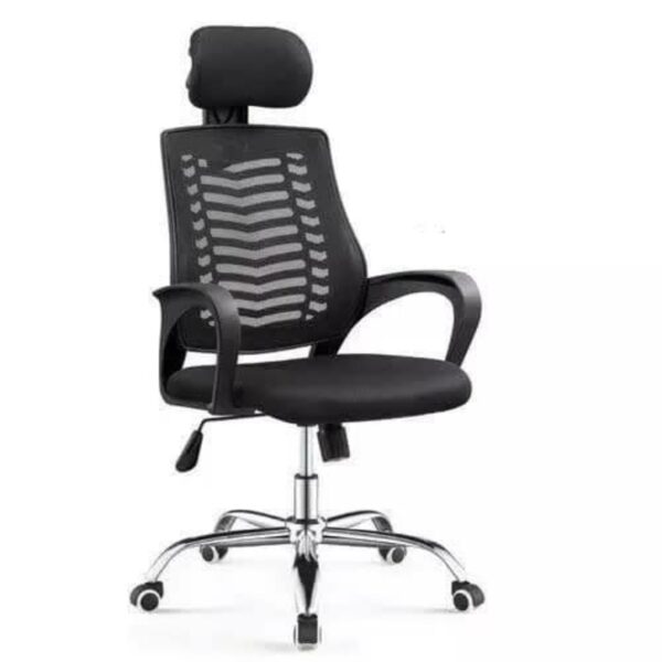 Black ergonomic office chair with a mesh backrest, adjustable headrest, armrests, and a five-wheel chrome base.