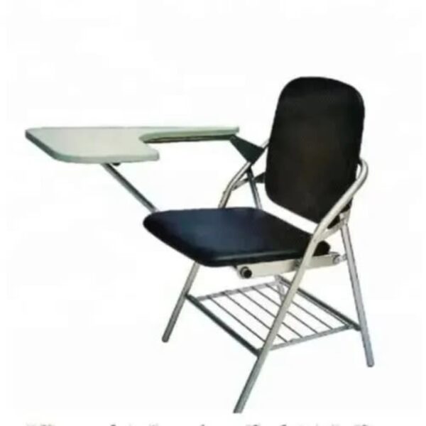 Foldable study chair with a black cushioned seat and backrest, featuring an attached writing pad and a metal frame with a lower rack for storage.
