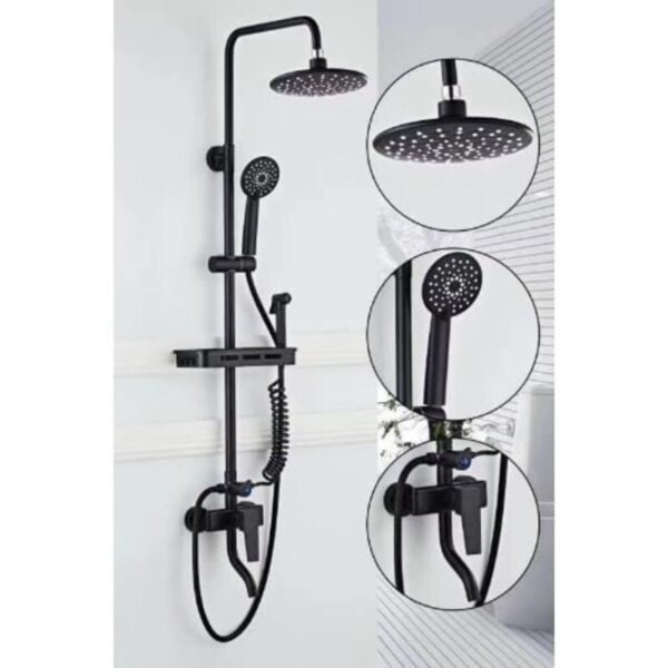 Image of a modern black shower system mounted on a white tiled wall. The system features a large overhead rain shower head, a handheld shower head, and a third smaller spray nozzle. There is a flexible black hose connected to the handheld shower head. The shower system includes a rectangular shelf with controls for water temperature and pressure. Three circular insets on the right side of the image show close-up views of the rain shower head, handheld shower head, and the nozzle with hose connection.