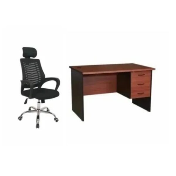 A black office chair with armrests and wheels is positioned next to a brown wooden desk with three drawers on the right side.