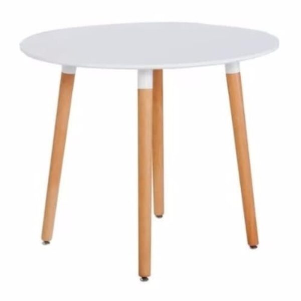 a white round table with golden colour wooden legs