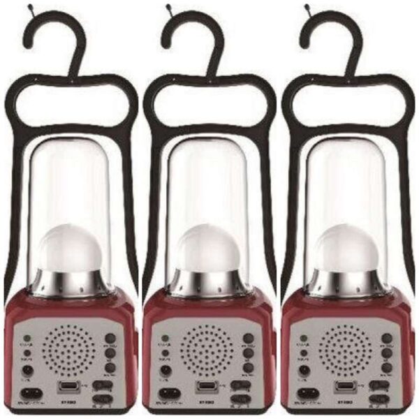 Three red and black camping lanterns with hooks, perfect for illuminating your outdoor adventures.