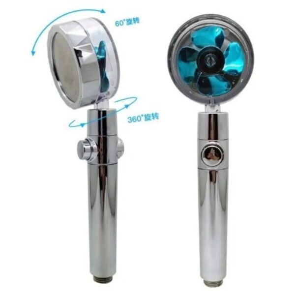 Two chrome handheld showerheads with blue internal fans, shown with rotation arrows indicating 60-degree and 360-degree swivel capabilities.
