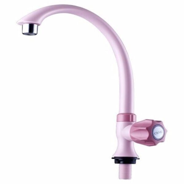 A pink kitchen tap with a white handle, adding a touch of elegance to your kitchen decor.